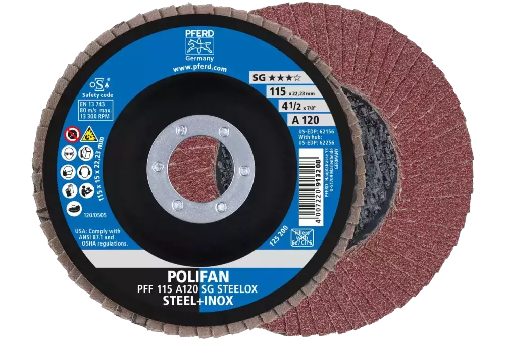 Ściernica listkowa POLIFAN PFF 115 × 22,23 mm płaska A120 linia wydajna SG STEELOX stal/stal nierdzewna 1
