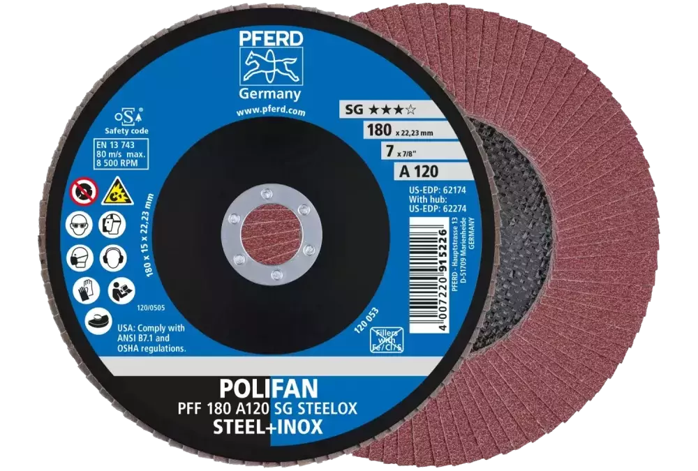 Ściernica listkowa POLIFAN PFF 180 × 22,23 mm płaska A120 linia wydajna SG STEELOX stal/stal nierdzewna 1