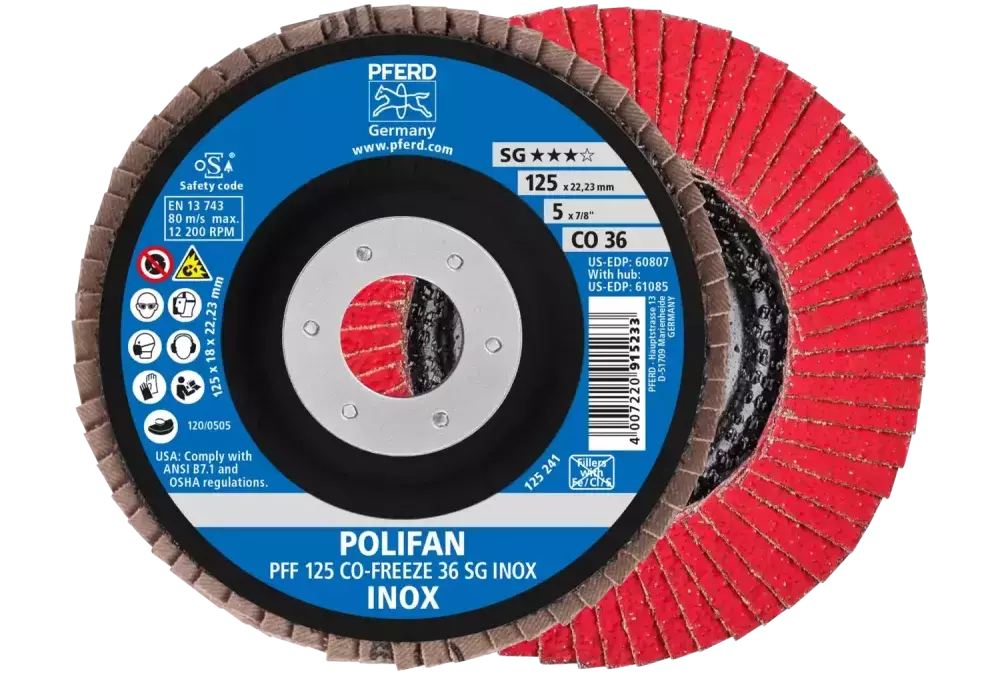 Ściernica listkowa POLIFAN PFF 125 × 22,23 mm płaska CO-FREEZE 36 linia wydajna SG INOX stal nierdzewna 1
