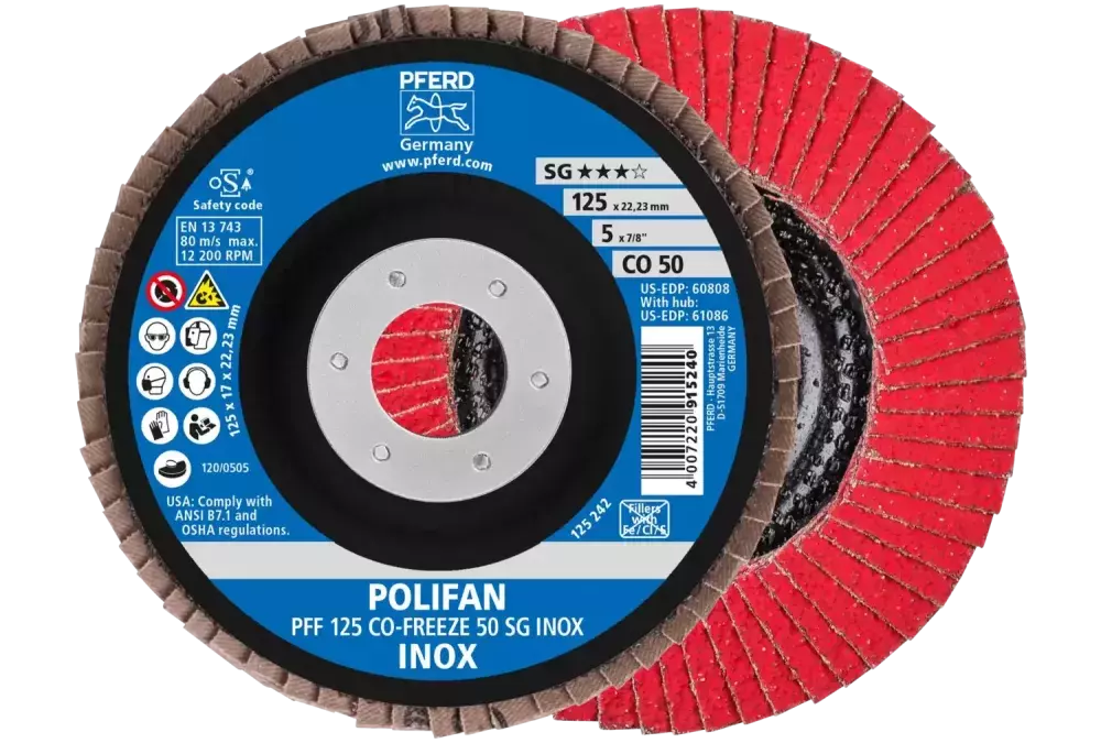 Ściernica listkowa POLIFAN PFF 125 × 22,23 mm płaska CO-FREEZE 50 linia wydajna SG INOX stal nierdzewna 1