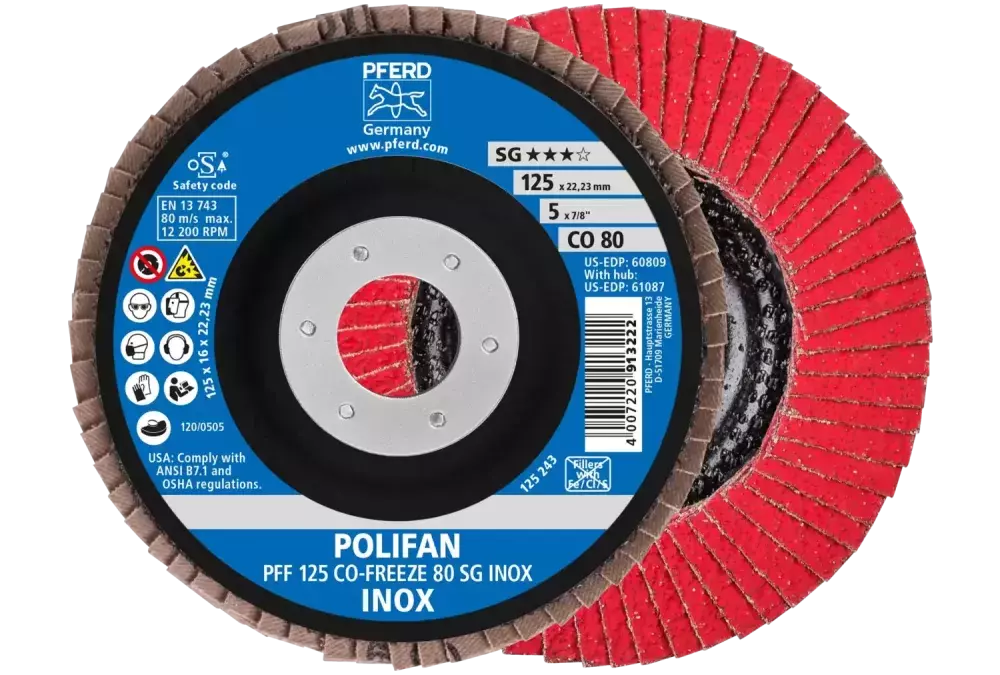Ściernica listkowa POLIFAN PFF 125 × 22,23 mm płaska CO-FREEZE 80 linia wydajna SG INOX stal nierdzewna 1