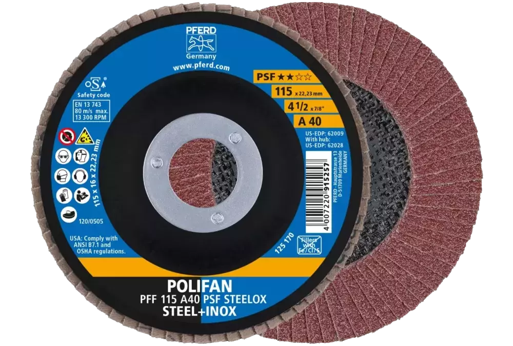 Ściernica listkowa POLIFAN PFF 115 × 22,23 mm płaska A40 linia uniwersalna PSF STEELOX stal/stal nierdzewna 1