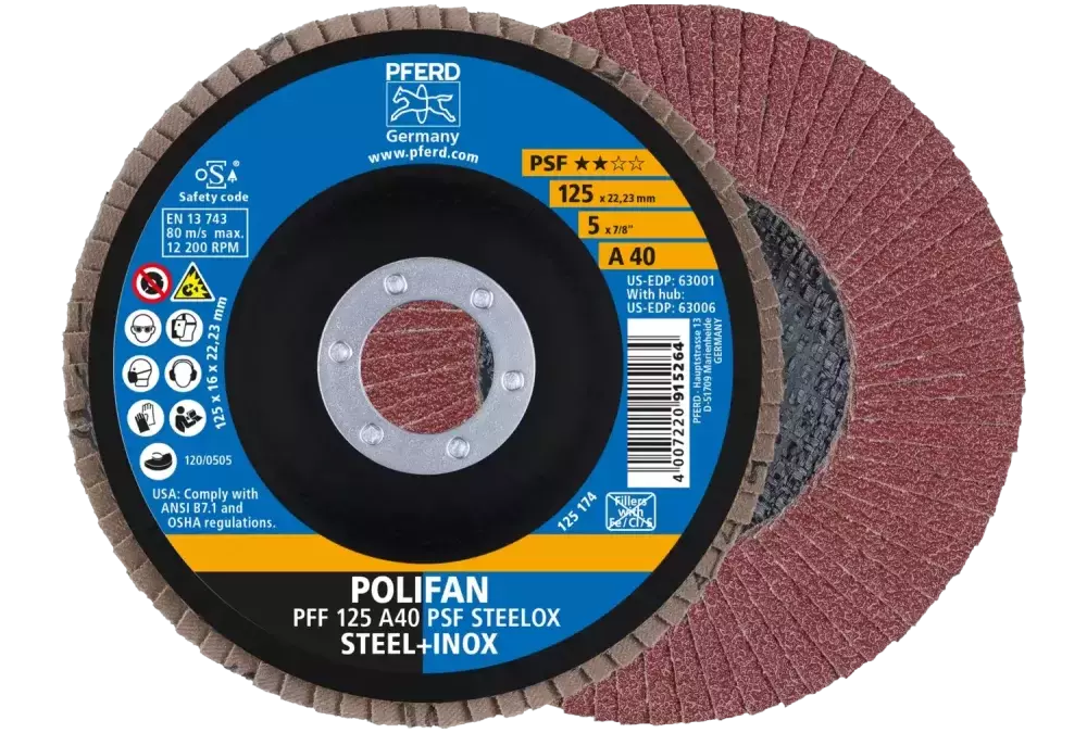 Ściernica listkowa POLIFAN PFF 125 × 22,23 mm płaska A40 linia uniwersalna PSF STEELOX stal/stal nierdzewna 1