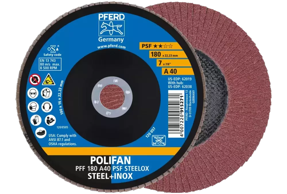 Ściernica listkowa POLIFAN PFF 180 × 22,23 mm płaska A40 linia uniwersalna PSF STEELOX stal/stal nierdzewna 1