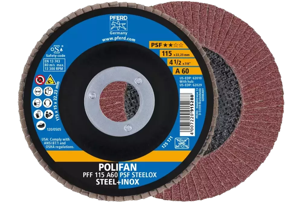 Ściernica listkowa POLIFAN PFF 115 × 22,23 mm płaska A60 linia uniwersalna PSF STEELOX stal/stal nierdzewna 1
