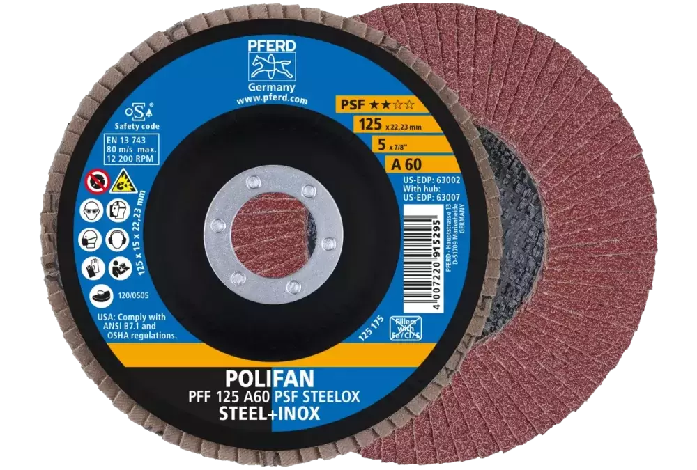 Ściernica listkowa POLIFAN PFF 125 × 22,23 mm płaska A60 linia uniwersalna PSF STEELOX stal/stal nierdzewna 1