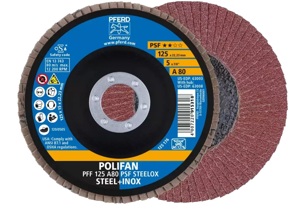 Ściernica listkowa POLIFAN PFF 125 × 22,23 mm płaska A80 linia uniwersalna PSF STEELOX stal/stal nierdzewna 1