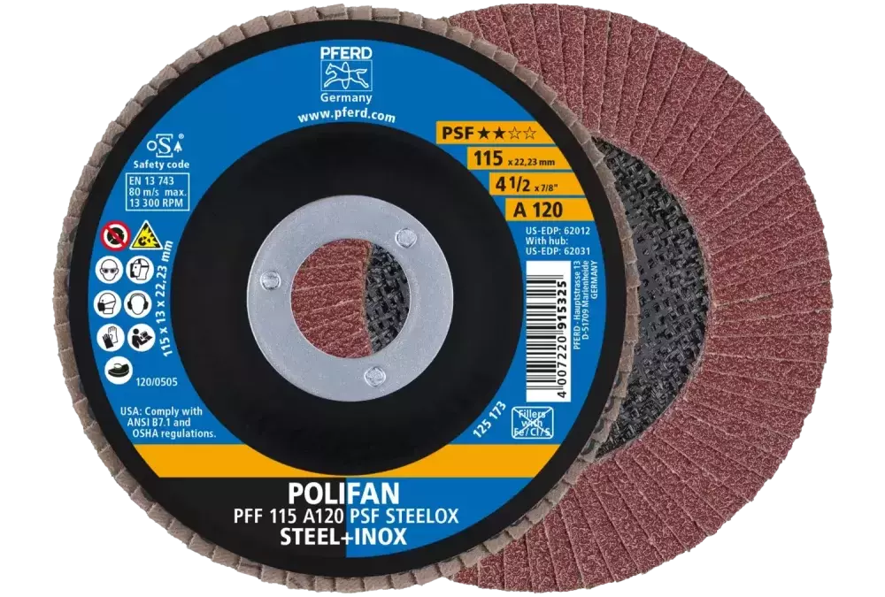 Ściernica listkowa POLIFAN PFF 115 × 22,23 mm płaska A120 linia uniwersalna PSF STEELOX stal/stal nierdzewna 1