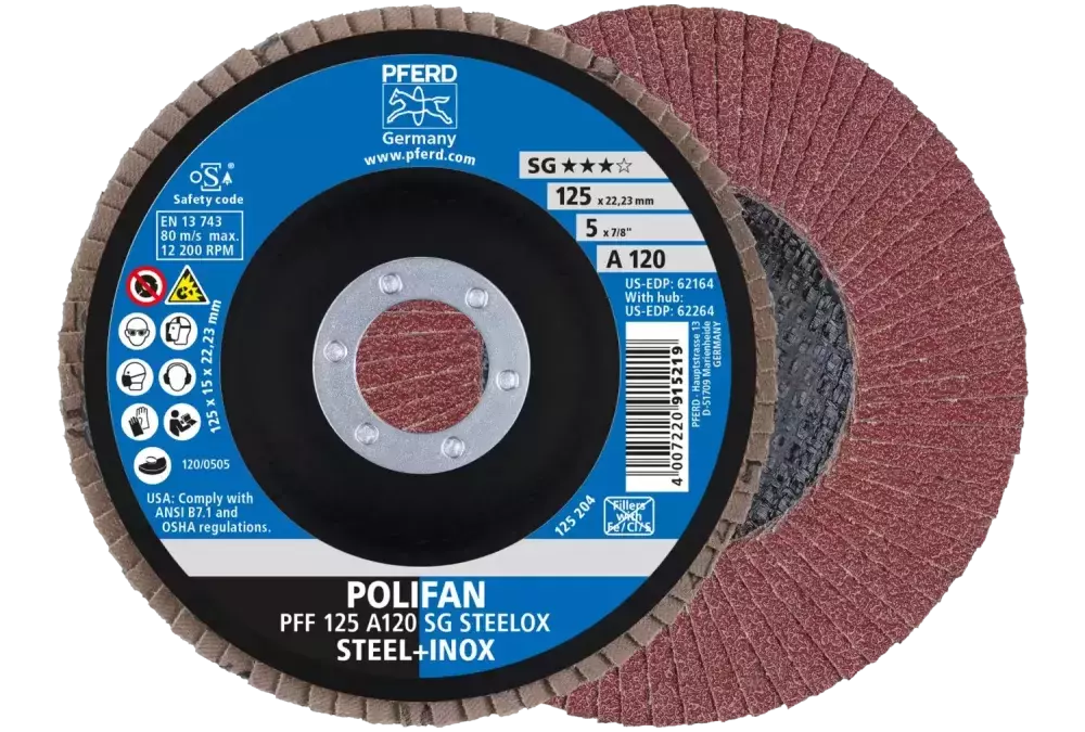 Ściernica listkowa POLIFAN PFF 125 × 22,23 mm płaska A120 linia uniwersalna PSF STEELOX stal/stal nierdzewna 1