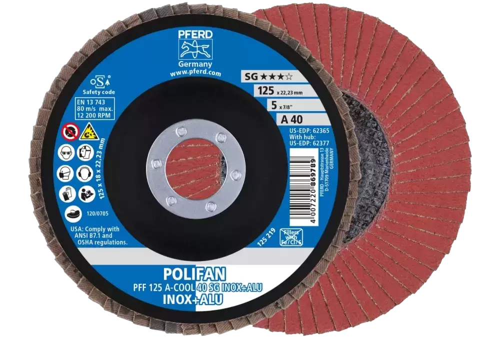 Ściernica listkowa POLIFAN PFF 125 × 22,23 mm płaska A-COOL 40 SG INOX+ALU stal nierdzewna/aluminium 1
