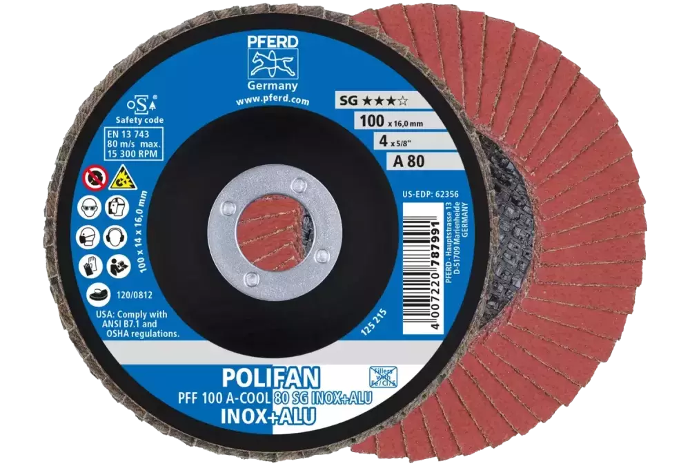 Ściernica listkowa POLIFAN PFF 100 × 16 mm płaska A-COOL 80 SG INOX+ALU stal nierdzewna/aluminium 1