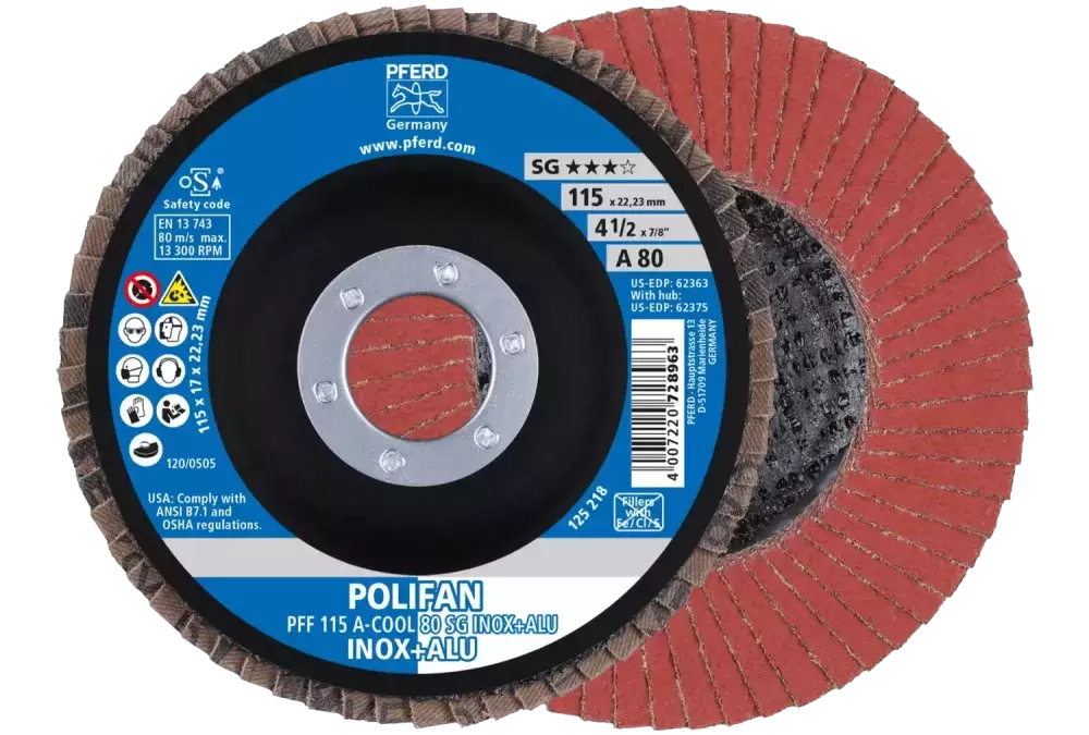 Ściernica listkowa POLIFAN PFF 115 × 22,23 mm płaska A-COOL 80 SG INOX+ALU stal nierdzewna/aluminium 1