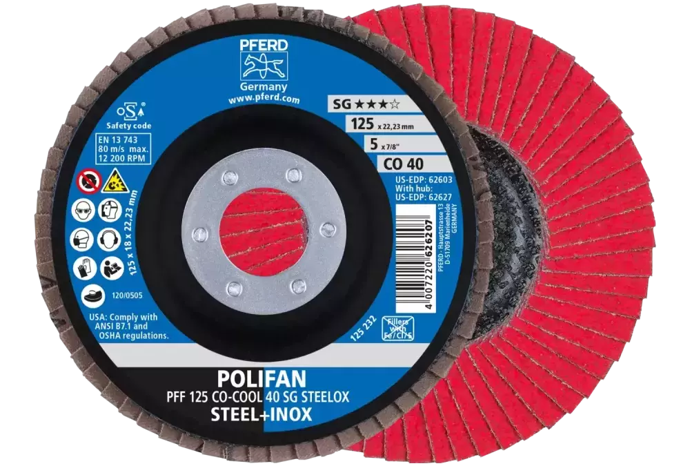 Ściernica listkowa POLIFAN PFF 125 × 22,23 mm płaska CO-COOL 40 SG STEELOX stal/stal nierdzewna 1