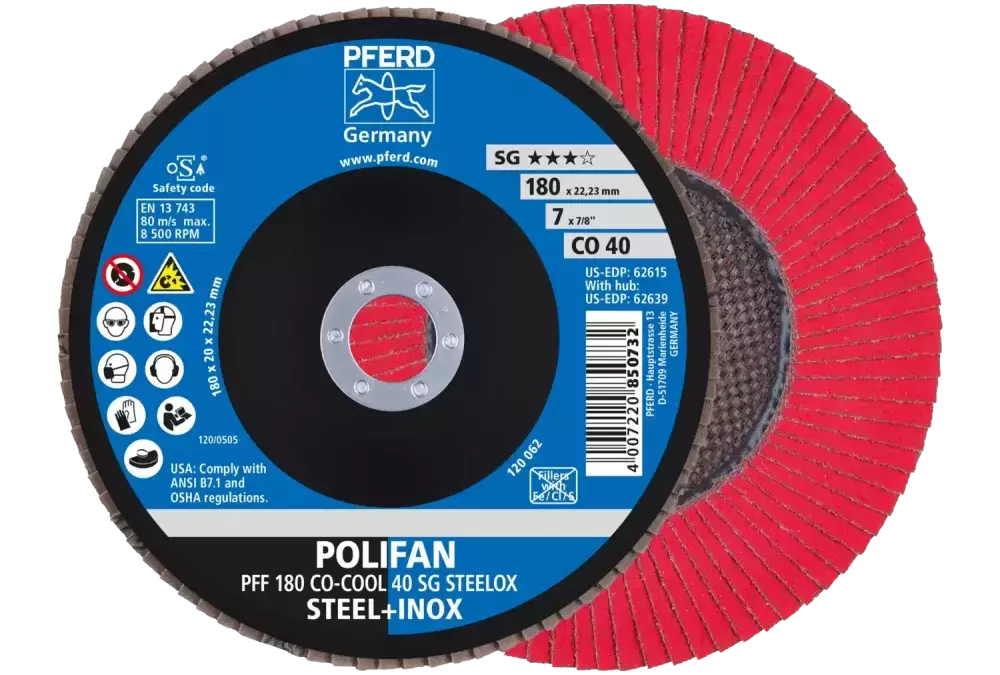 Ściernica listkowa POLIFAN PFF 180 × 22,23 mm płaska CO-COOL 40 SG STEELOX stal/stal nierdzewna 1