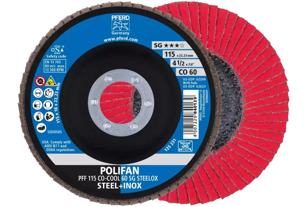 Ściernica listkowa POLIFAN PFF 115 × 22,23 mm płaska CO-COOL 60 SG STEELOX stal/stal nierdzewna 1