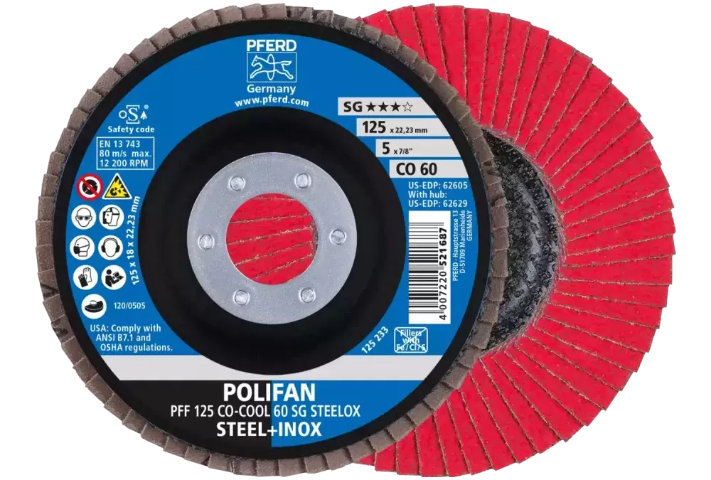Ściernica listkowa POLIFAN PFF 125 × 22,23 mm płaska CO-COOL 60 SG STEELOX stal/stal nierdzewna 1