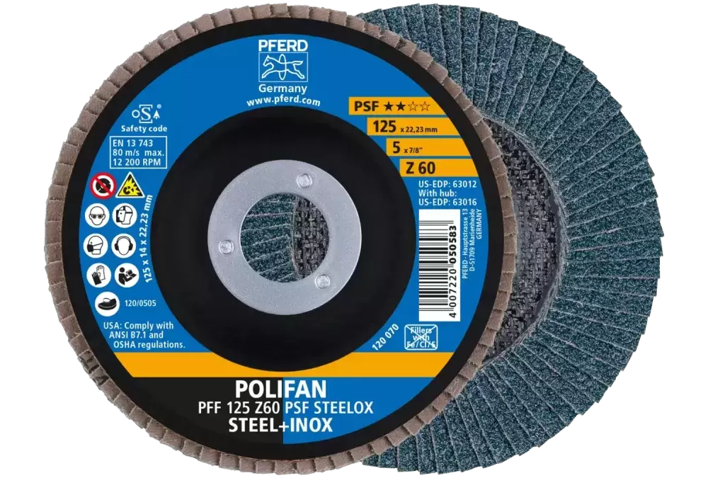Ściernica listkowa POLIFAN PFF 125 × 22,23 mm płaska Z60 linia uniwersalna PSF STEELOX stal/stal nierdzewna 1