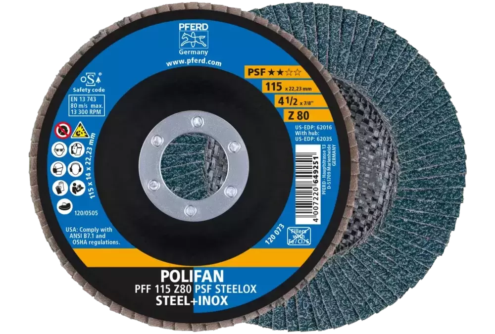 Ściernica listkowa POLIFAN PFF 115 × 22,23 mm płaska Z80 linia uniwersalna PSF STEELOX stal/stal nierdzewna 1