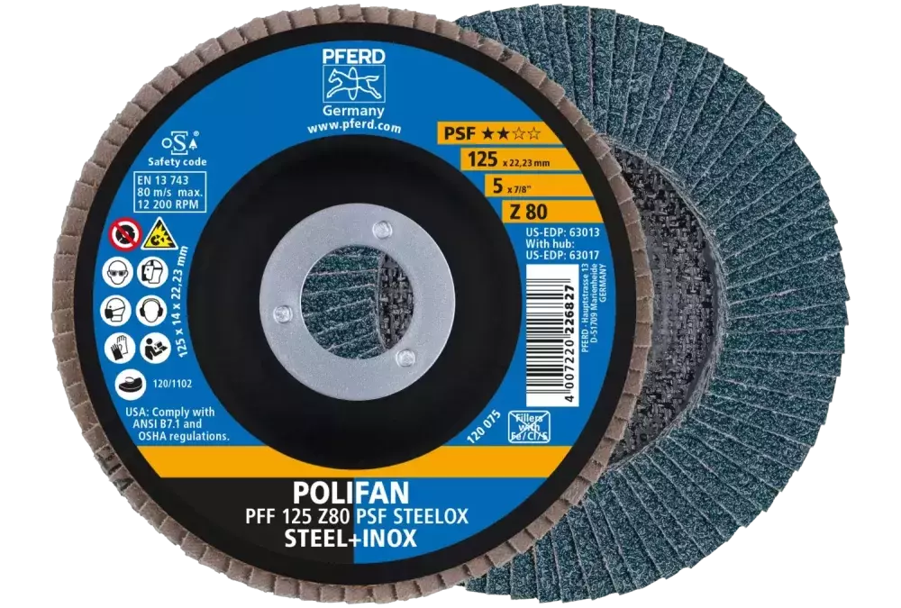 Ściernica listkowa POLIFAN PFF 125 × 22,23 mm płaska Z80 linia uniwersalna PSF STEELOX stal/stal nierdzewna 1