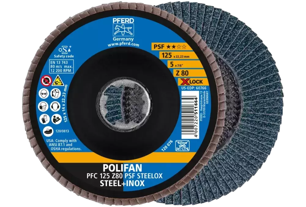 Ściernica listkowa POLIFAN PFC 125 mm X-LOCK stożkowa Z80 linia uniwersalna PSF STEELOX stal/stal nierdzewna 1