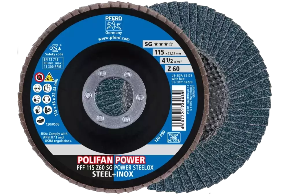 Ściernica listkowa POLIFAN POWER PFF 115 × 22,23 mm płaska Z60 SG STEELOX stal/stal nierdzewna 1