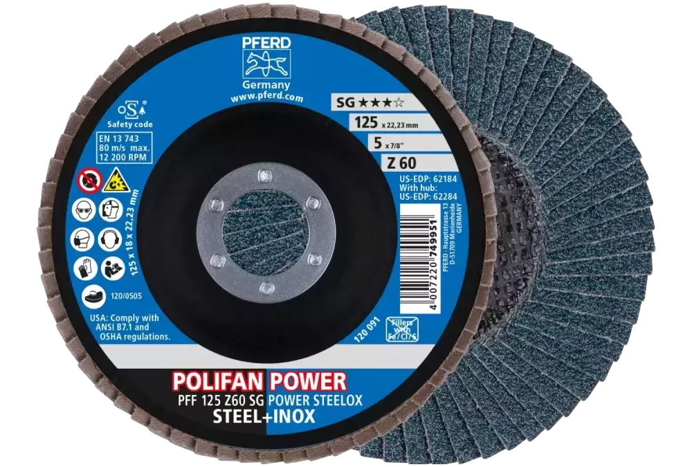 Ściernica listkowa POLIFAN POWER PFF 125 × 22,23 mm płaska Z60 SG STEELOX stal/stal nierdzewna 1