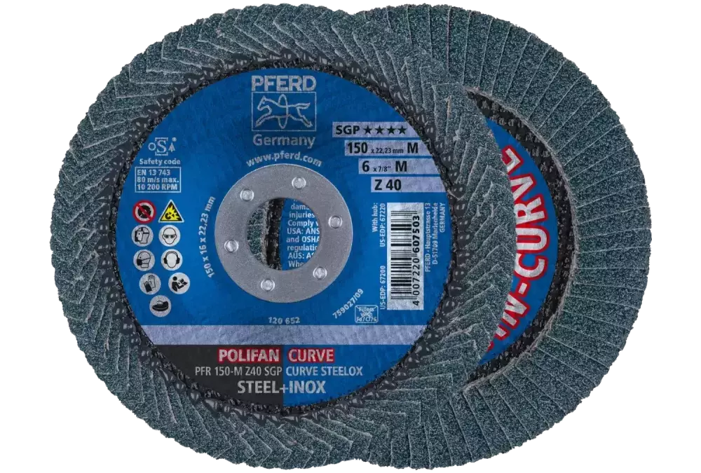 Ściernica listkowa POLIFAN CURVE PFR 150 × 22,23 mm szerokość M Z40 SGP STEELOX do stali/stali nierdzewnej 1