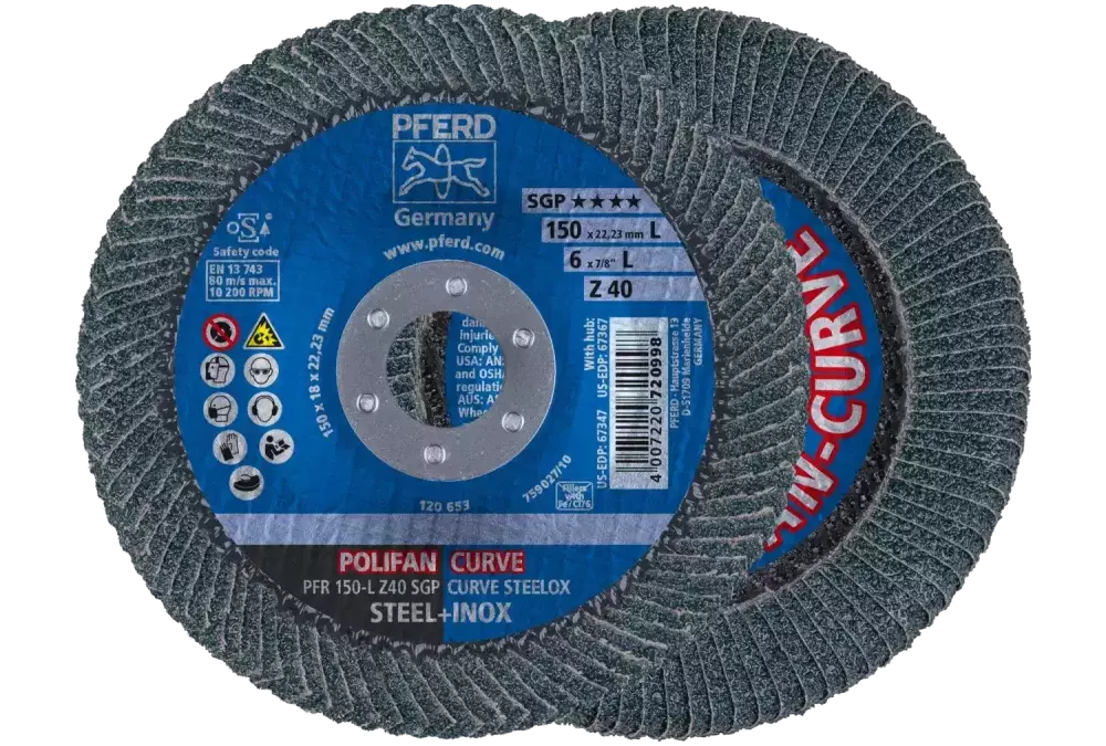 Ściernica listkowa POLIFAN CURVE PFR 150 × 22,23 mm szerokość L Z40 SGP STEELOX do stali/stali nierdzewnej 1