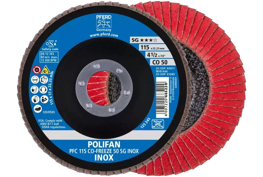 Ściernica listkowa POLIFAN PFC 115 × 22,23 mm stożkowa CO-FREEZE 50 SG INOX stal nierdzewna 1