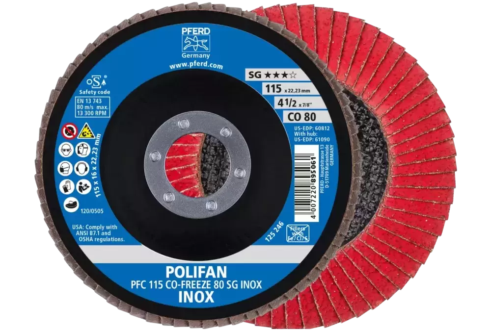 Ściernica listkowa POLIFAN PFC 115 × 22,23 mm stożkowa CO-FREEZE 80 SG INOX stal nierdzewna 1