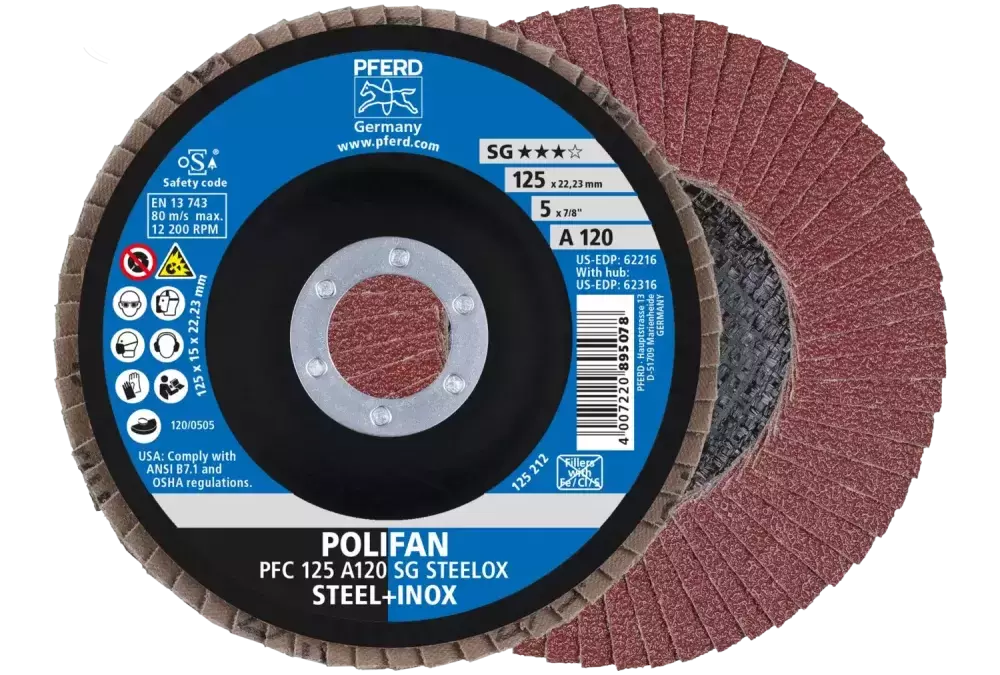 Ściernica listkowa POLIFAN PFC 125 × 22,23 mm stożkowa A120 SG STEELOX stal/stal nierdzewna 1