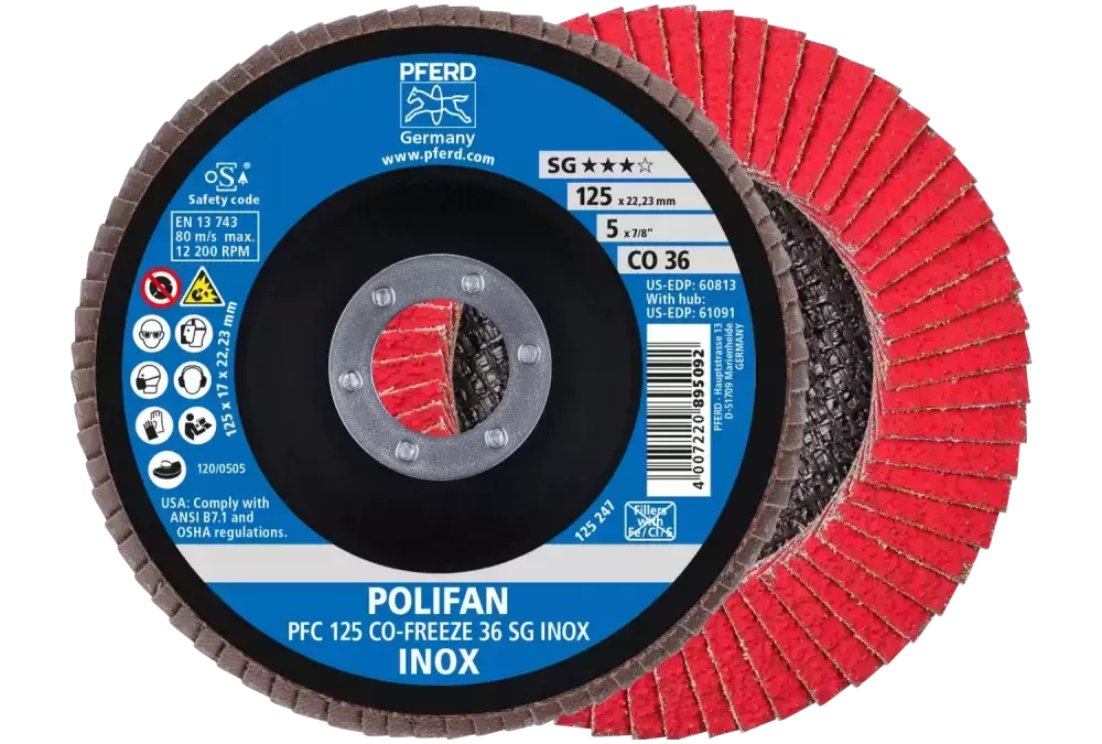 Ściernica listkowa POLIFAN PFC 125 × 22,23 mm stożkowa CO-FREEZE 36 SG INOX stal nierdzewna 1