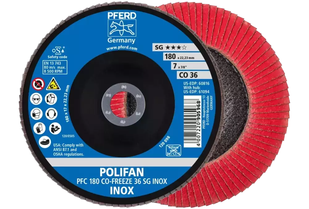 Ściernica listkowa POLIFAN PFC 180 × 22,23 mm stożkowa CO-FREEZE 36 SG INOX stal nierdzewna 1