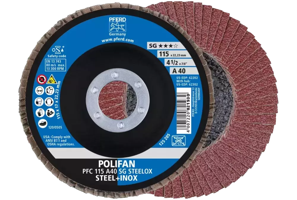 Ściernica listkowa POLIFAN PFC 115 × 22,23 mm stożkowa A40 linia uniwersalna PSF STEELOX stal/stal nierdzewna 1