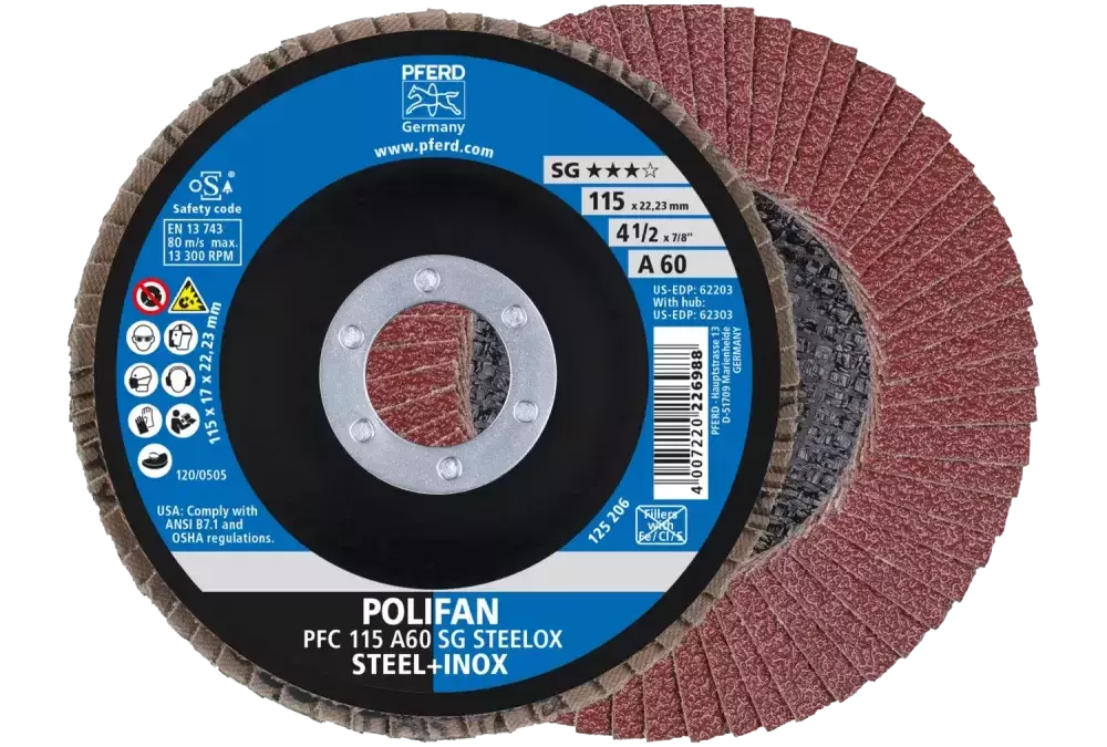 Ściernica listkowa POLIFAN PFC 115 × 22,23 mm stożkowa A60 linia uniwersalna PSF STEELOX stal/stal nierdzewna 1