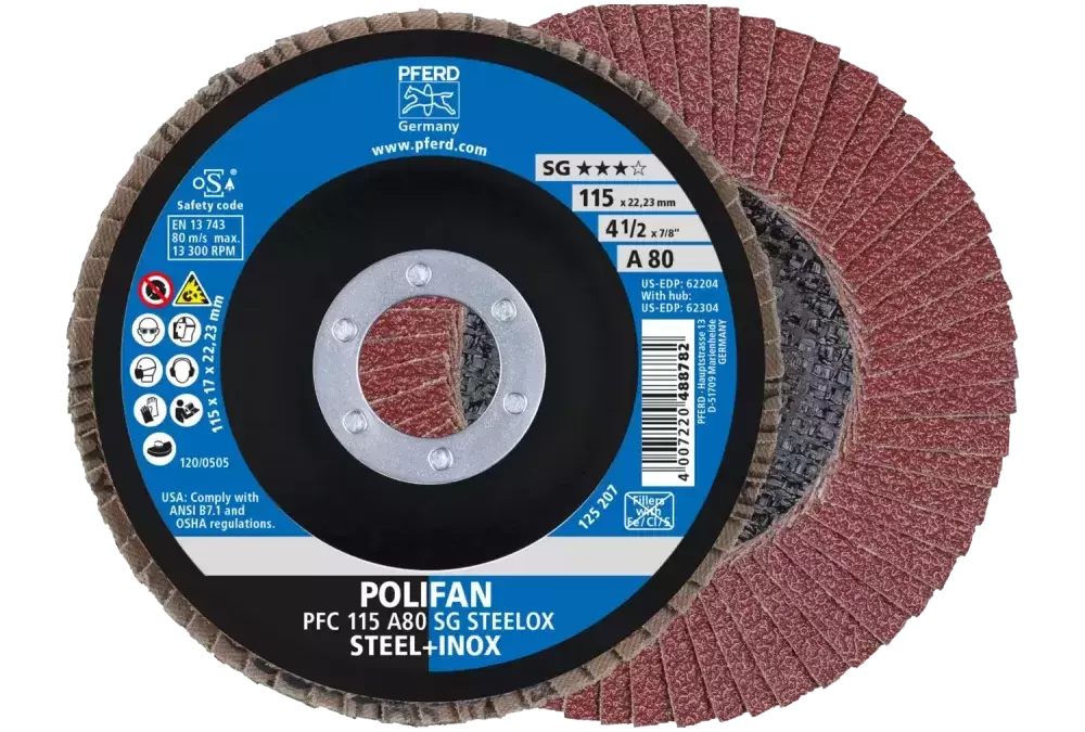 Ściernica listkowa POLIFAN PFC 115 × 22,23 mm stożkowa A80 linia uniwersalna PSF STEELOX stal/stal nierdzewna 1