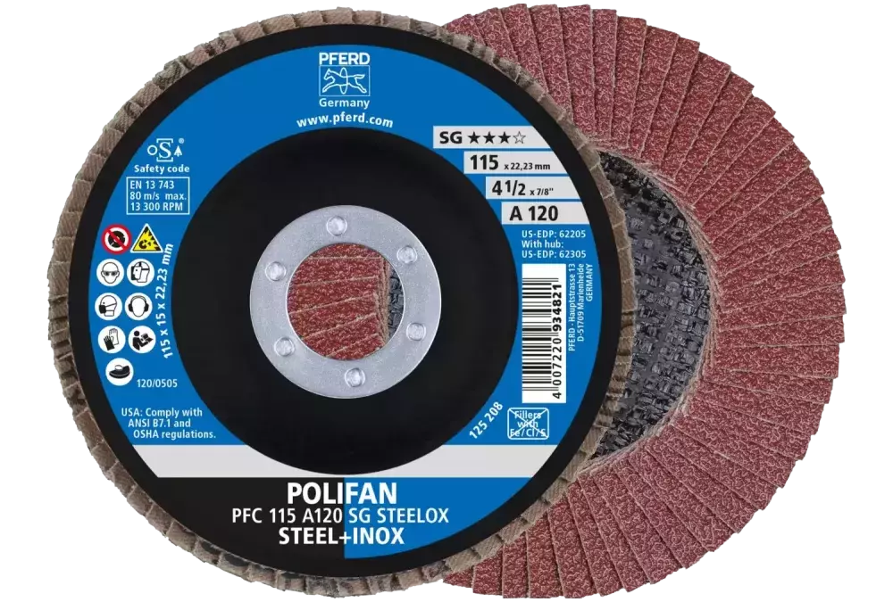 Ściernica listkowa POLIFAN PFC 115 × 22,23 mm stożkowa A120 linia uniwersalna PSF STEELOX stal/stal nierdzewna 1