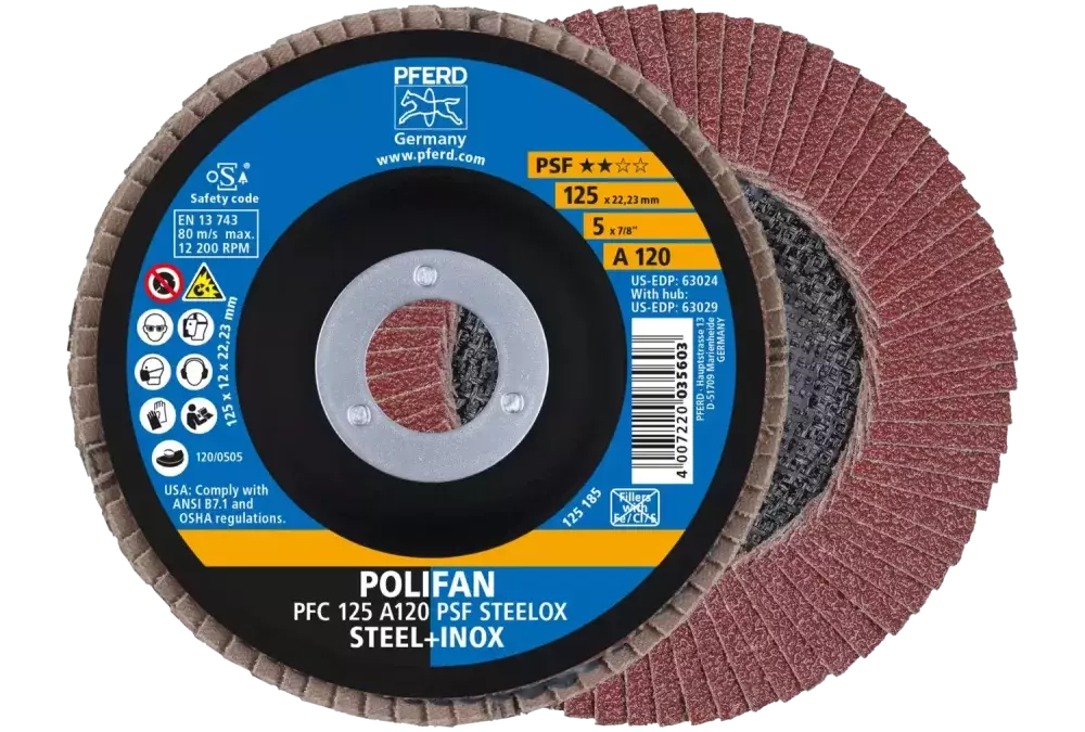 Ściernica listkowa POLIFAN PFC 125 × 22,23 mm stożkowa A120 linia uniwersalna PSF STEELOX stal/stal nierdzewna 1