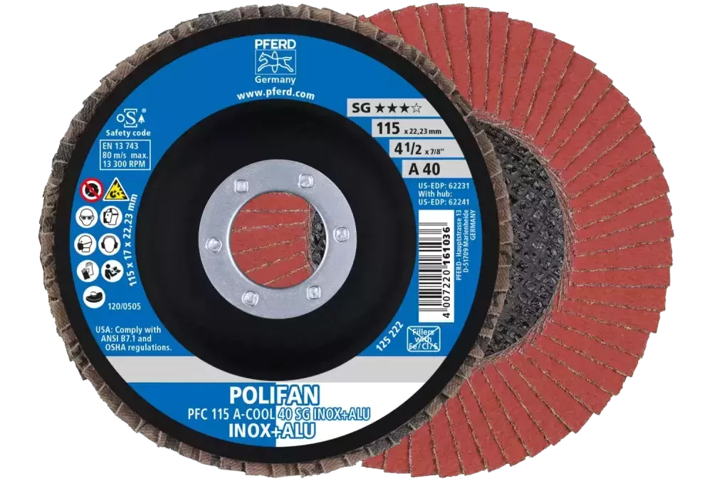 Ściernica listkowa POLIFAN PFC 115 × 22,23 mm stożkowa A-COOL 40 SG INOX+ALU stal nierdzewna/aluminium 1
