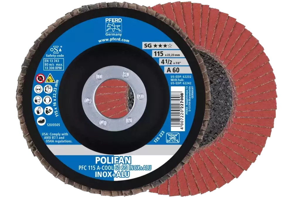 Ściernica listkowa POLIFAN PFC 115 × 22,23 mm stożkowa A-COOL 60 SG INOX+ALU stal nierdzewna/aluminium 1