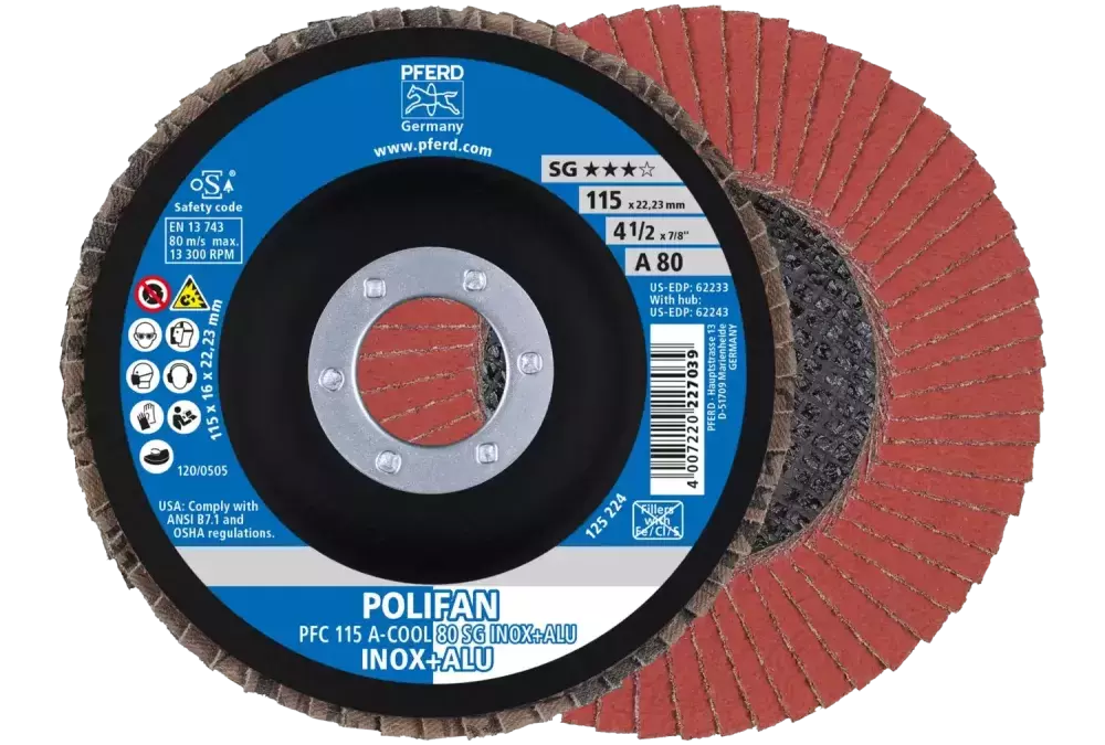 Ściernica listkowa POLIFAN PFC 115 × 22,23 mm stożkowa A-COOL 80 SG INOX+ALU stal nierdzewna/aluminium 1