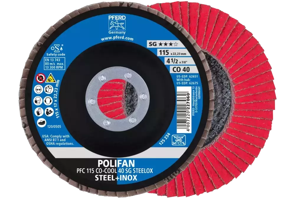 Ściernica listkowa POLIFAN PFC 115 × 22,23 mm stożkowa CO-COOL 40 SG STEELOX stal/stal nierdzewna 1