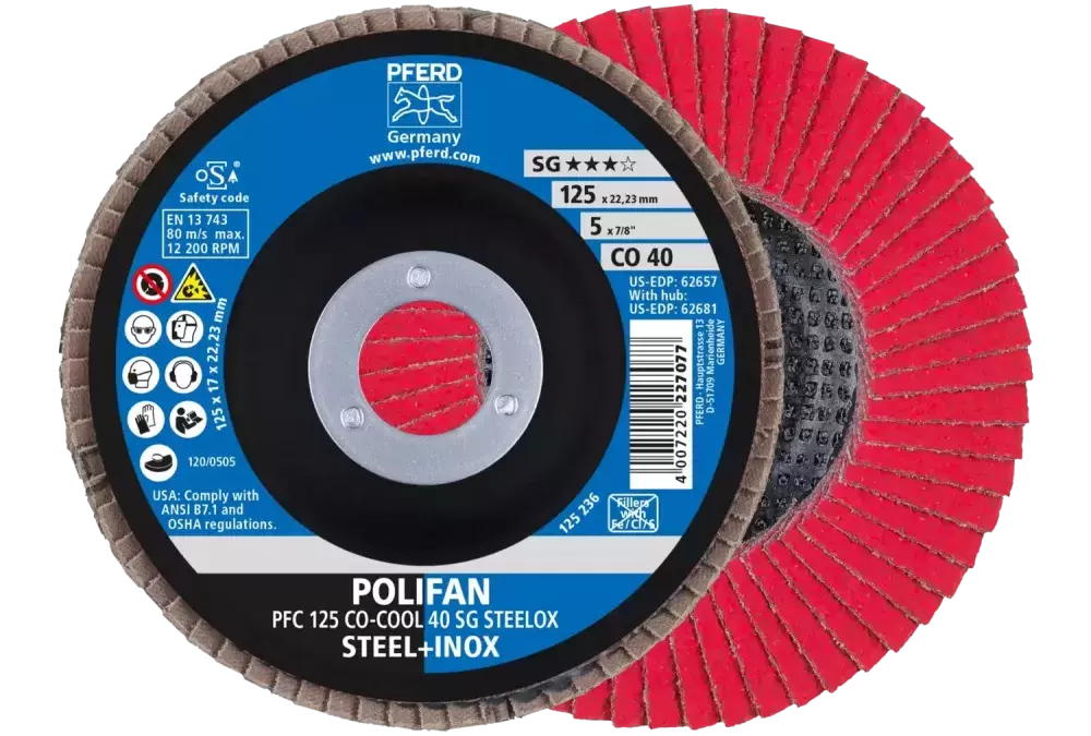 Ściernica listkowa POLIFAN PFC 125 × 22,23 mm stożkowa CO-COOL 40 SG STEELOX stal/stal nierdzewna 1
