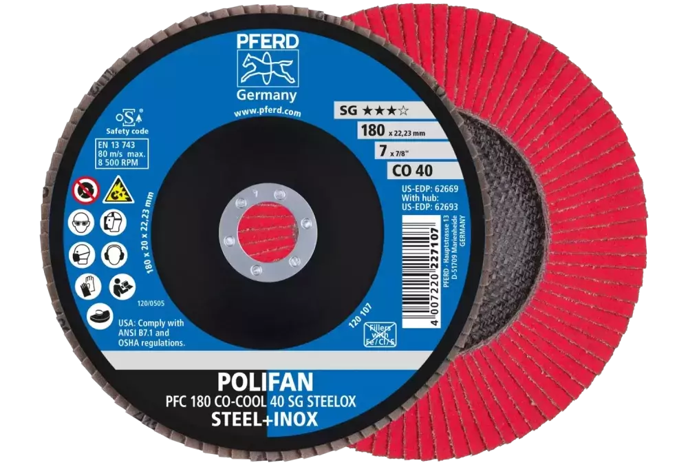 Ściernica listkowa POLIFAN PFC 180 × 22,23 mm stożkowa CO-COOL 40 SG STEELOX stal/stal nierdzewna 1