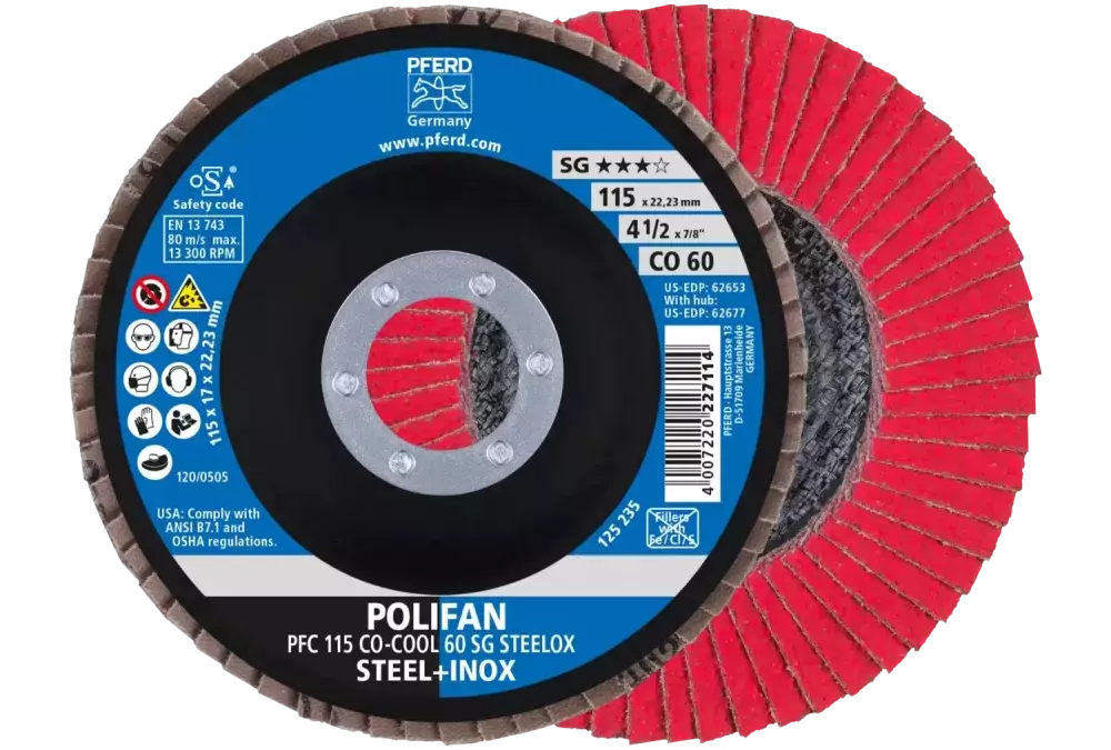 Ściernica listkowa POLIFAN PFC 115 × 22,23 mm stożkowa CO-COOL 60 SG STEELOX stal/stal nierdzewna 1