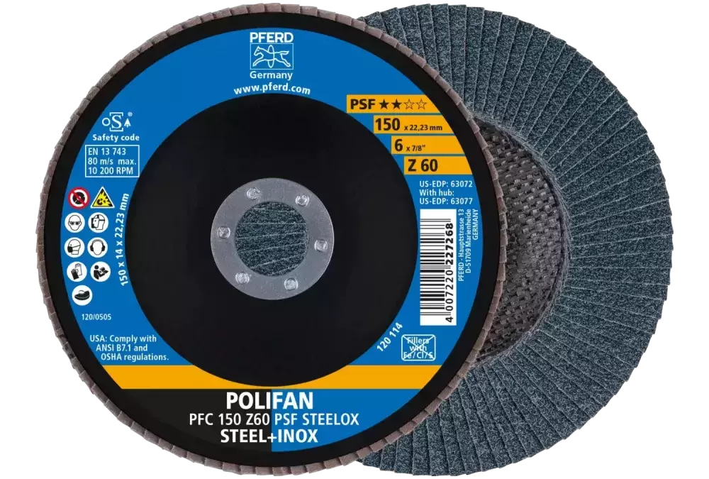 Ściernica listkowa POLIFAN PFC 150 × 22,23 mm stożkowa Z60 linia uniwersalna PSF STEELOX stal/stal nierdzewna 1