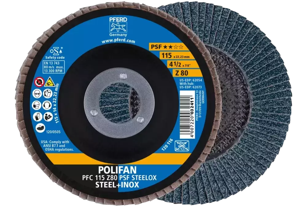 Ściernica listkowa POLIFAN PFC 115 × 22,23 mm stożkowa Z80 linia uniwersalna PSF STEELOX stal/stal nierdzewna 1