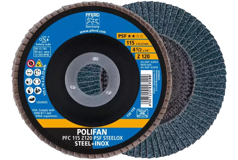 Ściernica listkowa POLIFAN PFC 115 × 22,23 mm stożkowa Z120 linia uniwersalna PSF STEELOX stal/stal nierdzewna 1