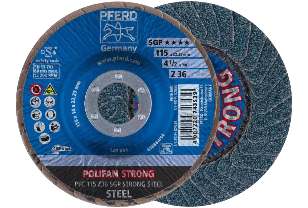 Ściernica listkowa POLIFAN STRONG PFC 115 × 22,23 mm stożkowa Z36 linia specjalna SGP STEEL do stali 1