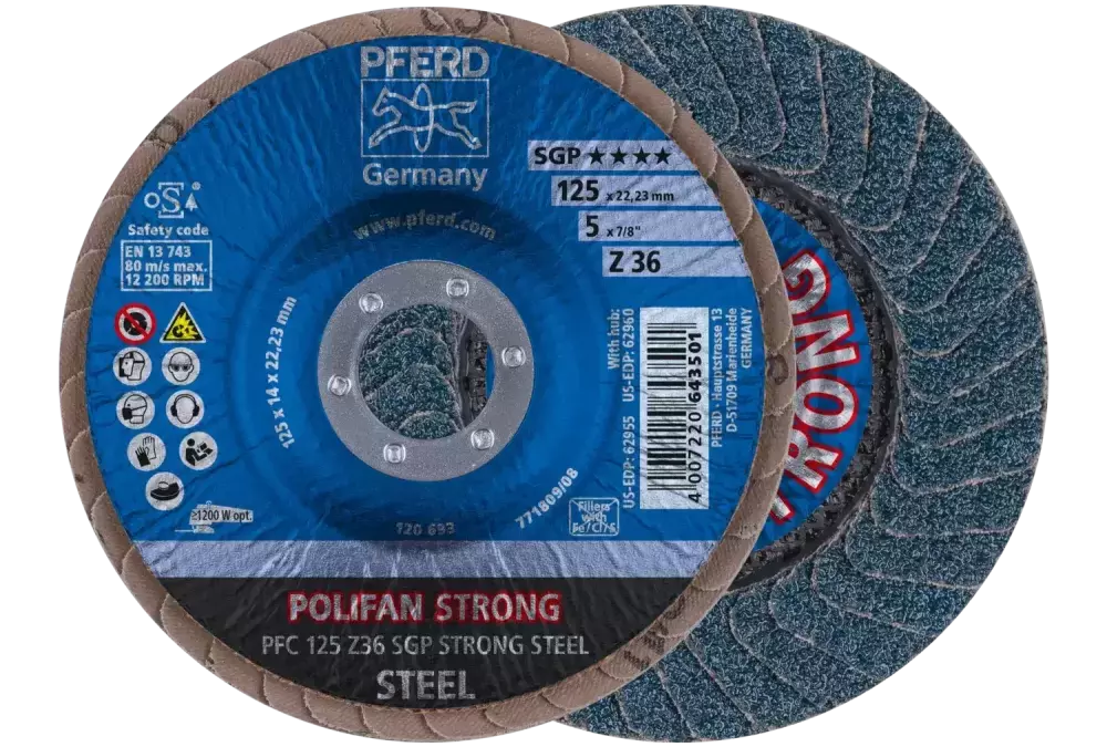 Ściernica listkowa POLIFAN STRONG PFC 125 × 22,23 mm stożkowa Z36 linia specjalna SGP STEEL do stali 1